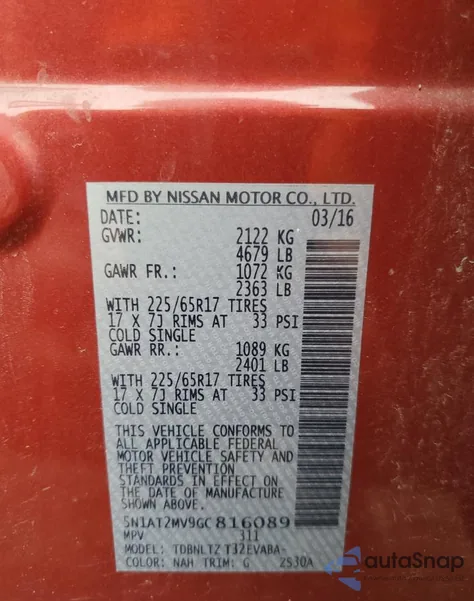 2016 Nissan Rogue Sv from USA, damaged, VIN 5N1AT2MV9GC816089